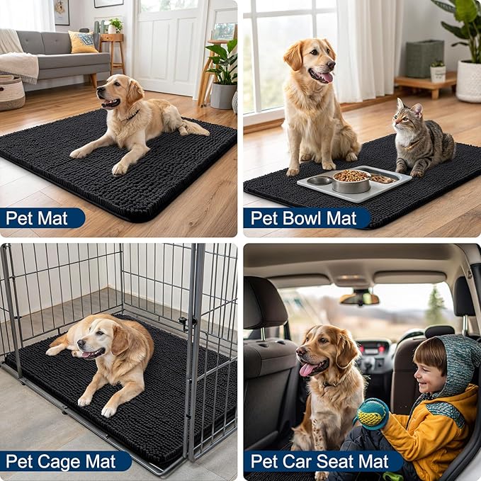 Smiry Dog Door Mat for Muddy Paws 70x24, Absorbs Moisture and Dirt Doormat, Non-Slip Washable Quick Dry Chenille Front Door Mat Indoor Entrance, Entryway Carpet for Inside Floor, Black