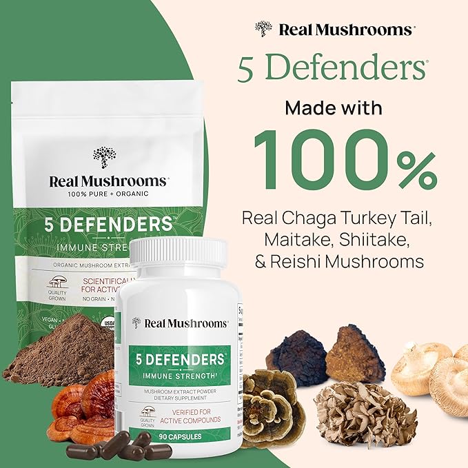 Real Mushrooms 5 Defenders Mushroom Complex - Functional Mushrooms Extract from Chaga, Shiitake, Maitake, Reishi, Turkey Tail Mushroom Blend for Wellness Support with Beta Glucans - 45 Servings