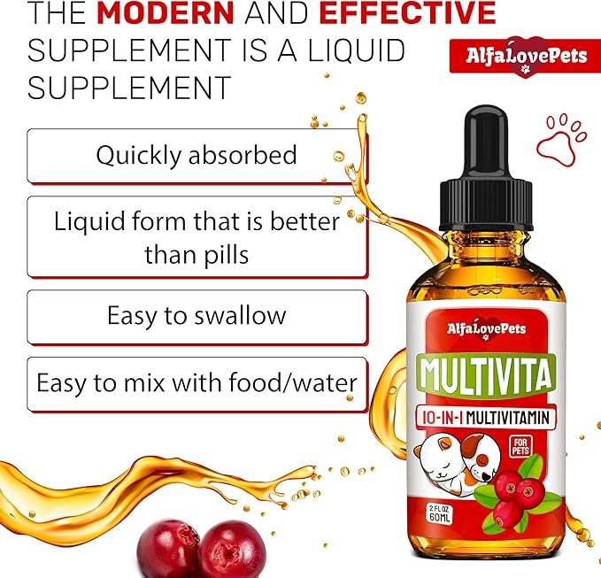 Liquid Multivitamin for Dogs – Cat Multivitamins for Indoor Cats – 10-in-1 Liquid Dog Vitamins B Complex, C, D3 – Digestion, Urination, Hip & Joint, Skin & Coat – Cranberry Flavor – 2 Oz