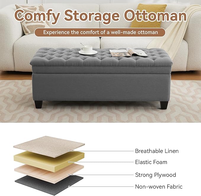 51" Fabric Storage Ottoman Bench, Upholstered Rectangle End of Bed Storage Ottoman Tufted Living Room Bedroom Bench with Safety Hinge, Solid Wood Legs, Loads 500 lb(Dark Grey)