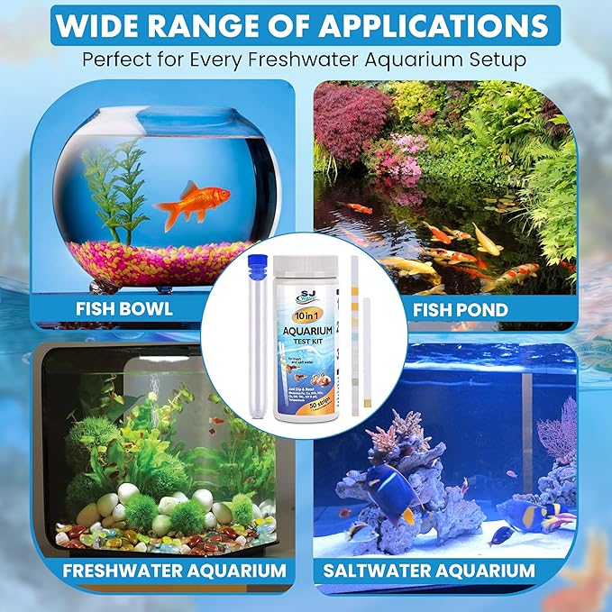11 in 1 - Aquarium Test Strips | 950 Tests - 150 Strips | Fish Tank Aquariums Water Test Kit & ebook | Aquarium Thermometer | Fish Tank Water Testing Kit Includes 50 Ammonia Strips | Versatile Usage