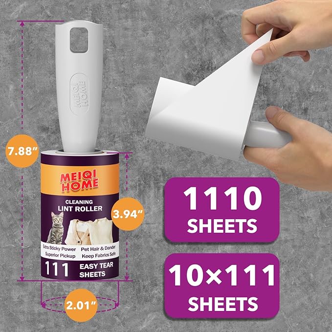 MEIQIHOME Lint Rollers for Pet Hair Extra Sticky, 1110 Sheets Mega Value Set Lint Roller with 5 Upgraded Handles, 10 Rollers Portable Pet Lint Roller for Clothes, Furniture, Dog & Cat Hair Removal