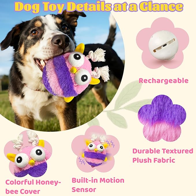Moving Dog Toys – Rechargeable Interactive Dog Squeaky Toy with Motion-Activated Ball, Music, Recording & Silent Modes – Self-Play Toy for Small, Medium & Large Breeds (Bee)