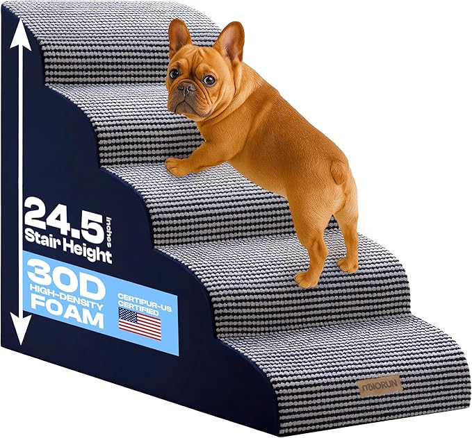 Curved Dog Stairs for High Bed Up to 26", 5-Step Dog Ramp for Small Dogs with Washable Cover, Non-Slip Steps for Cats to Get on Couch and Sofa, Durable Foam Ladder for Medium Breeds, White Navy
