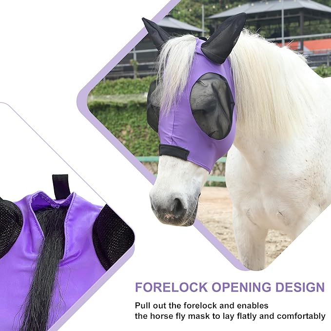 Stretchy Horse Fly Mask for Horses, Soft Lycra Equine Mesh Mask, Elasticity Horse Face Covering, Breathable&UV Protection, Violet, Cob
