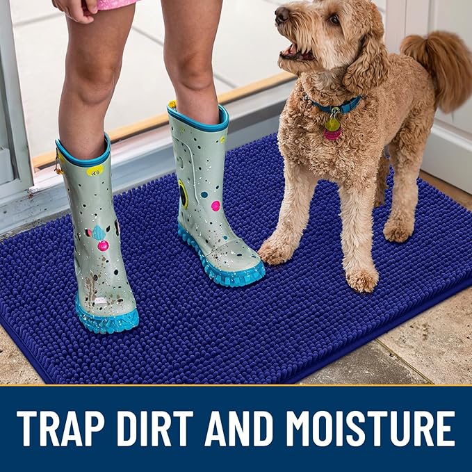 Smiry Dog Door Mat for Muddy Paws 71x46, Absorbs Moisture and Dirt Doormat, Non-Slip Washable Quick Dry Chenille Front Door Mat Indoor Entrance, Entryway Carpet for Inside Floor, Navy Blue