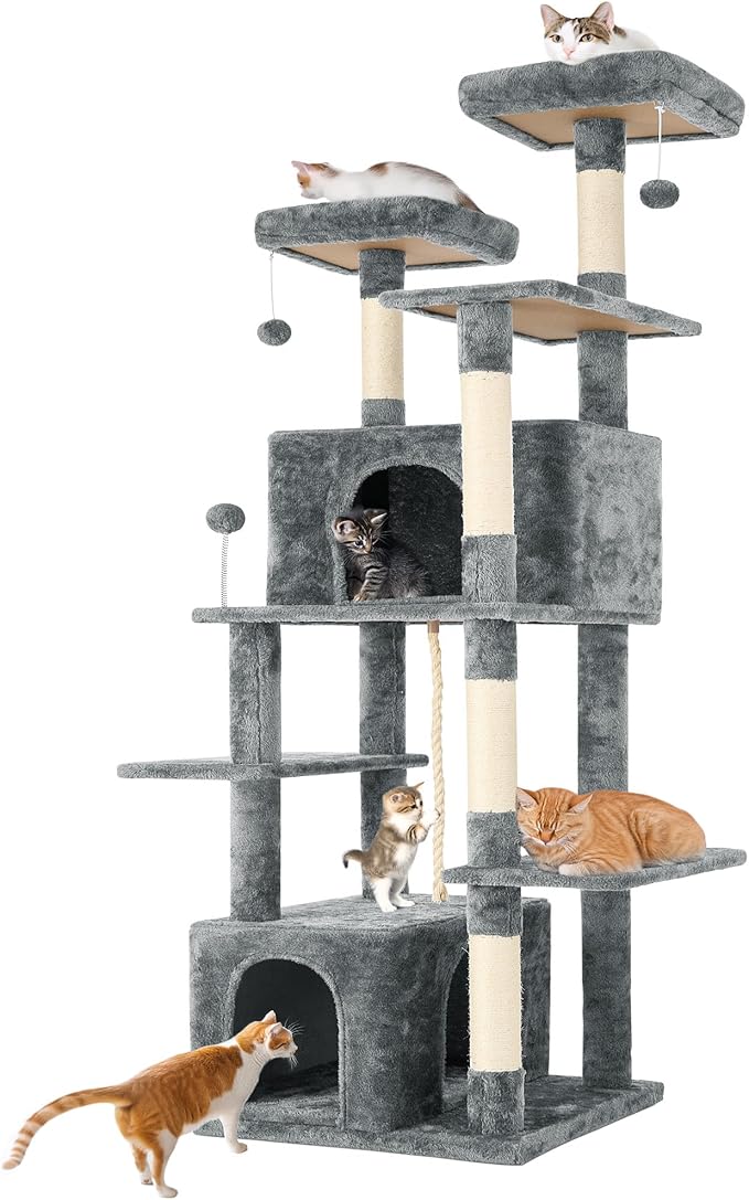 69in Large Cat Tree Tower for Indoor Cats with Soft Plush Hang Ball, Two Condos, Sisal Scratch Posts & Rope Play for Kittens/Adult Cats, Grey