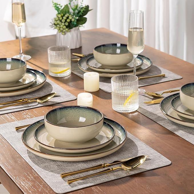 GBHOME Ceramic Dinnerware Sets for 4, 12 Pieces Stoneware Plates and Bowls Sets, Scratch Resistant Dishes, Dishwasher & Microwave Safe, Reactive Glaze-Gravel