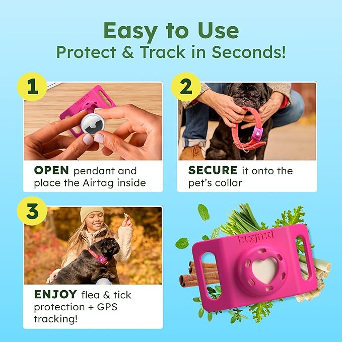 BugMD Paw Guardian Flea & Tick Pendant (3-Pack) with AirTag Holder – Plant-Based Flea & Tick Prevention for Dogs – Pet Collar Tag & GPS Tracker Holder for Dogs – Pink