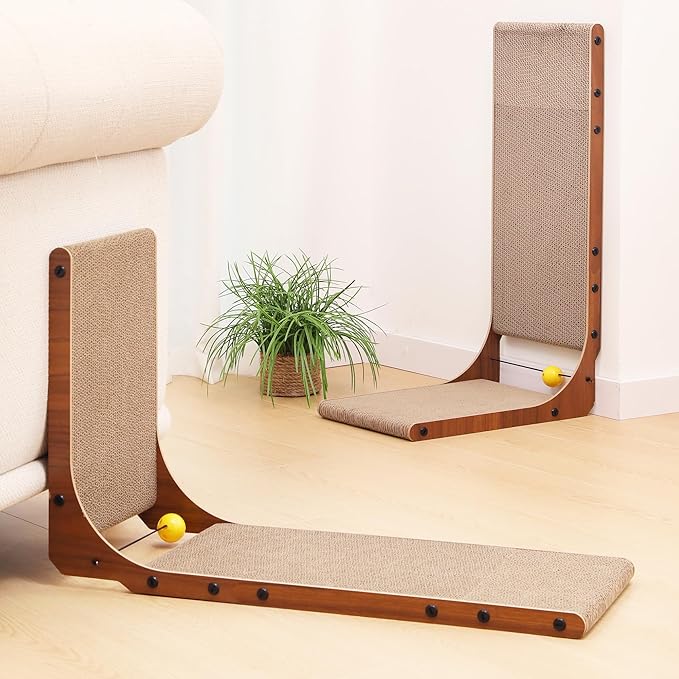 FUKUMARU Cat Scratcher, 26.8 Inch Cat Scratch Pad for Indoor Cats, L Shaped Cardboard Vertical Cats Scratching Board with Ball Toy, Walnut Color, 2 Packs