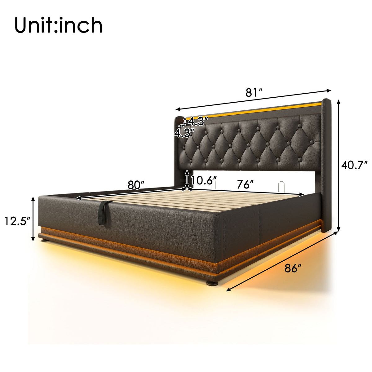 Upholstered Bed, 360 Surround LED Function, Remote Control, Hydraulic Storage Bed With USB, Type-C Charging (Without Mattress)