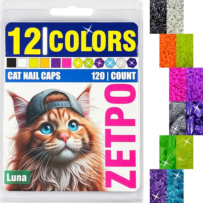 zetpo Cat Nail Caps | Cat Claw Covers | with Adhesives and Applicators (M, 12x Colors/Luna | 120 pcs)