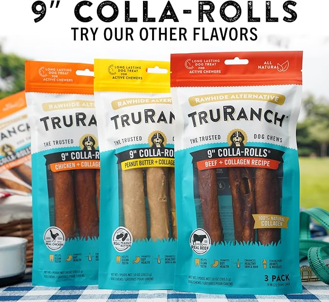 Collagen Rolls - 9" Collagen Rolls for Dogs - Long Lasting Healthy Joint Support - Rawhide Alternative - Skin & Coat Health - Made with Real Chicken, Value Pack, 15 Bags, 45 Count