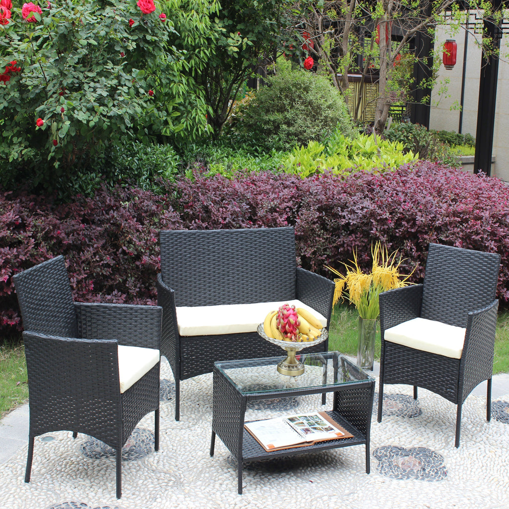 4 PC Rattan Patio Furniture Set Outdoor Cushioned Wicker Sofa