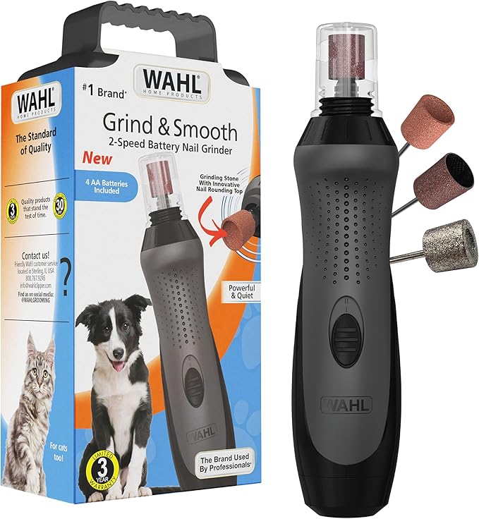 Wahl Grind & Smooth 2 Speed Battery Dog Nail Grinder with Concave Rounding Tip and Nail Guard for Increased Safety and Precise Nail Grinding - Model 3026333