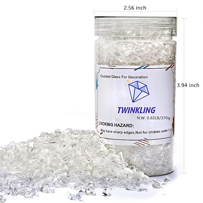 TWINKLING High Luster Crushed Glass Glitter, Broken Glass, Fire Glass Gems Chips for Fire Pit, DIY Resin Art, Epoxy Crafts, Geode Painting, Aquarium Decoration, 6-9mm(370g/13oz.) (Clear/Transparent)