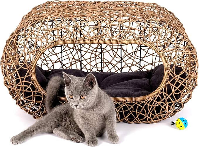 Fun Stackable Cat Condo for Indoor Cats - Interactive Play Faux Rattan Cat House for Indoor Cats Kitty, Pet Friendly Top/Side House Entry, Cat Bed Enclosed