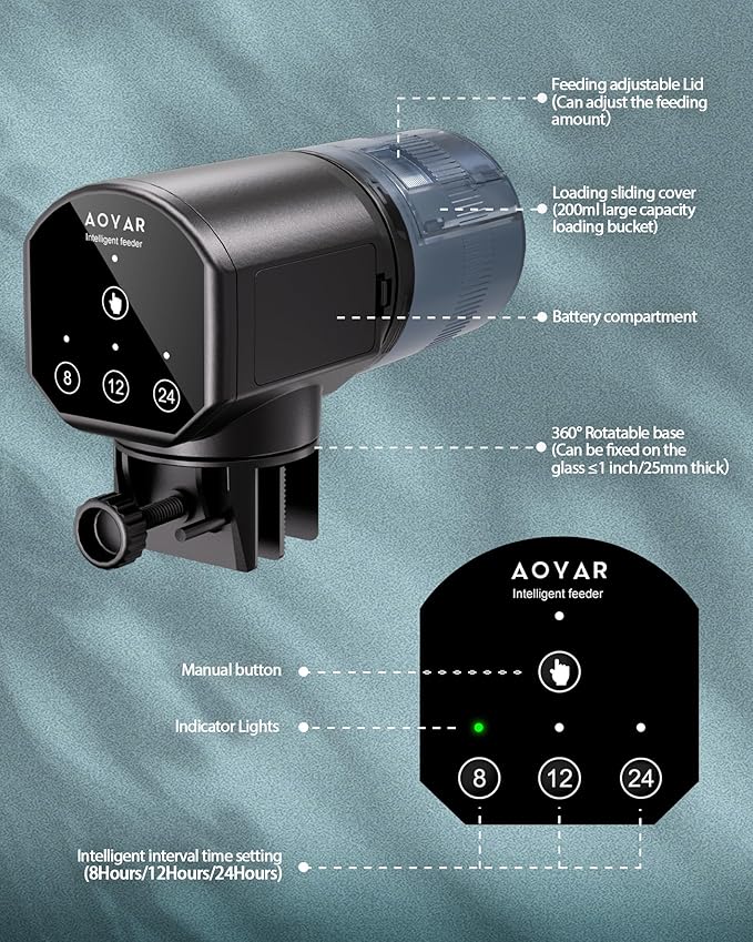 Automatic Fish Feeder Dispenser for Aquarium: 200ml Large Capacity Auto Feeders for Small Tank Turtle Betta Koi - Battery Food Feeding Timer for Flakes Pellet Vacation Weekend Day