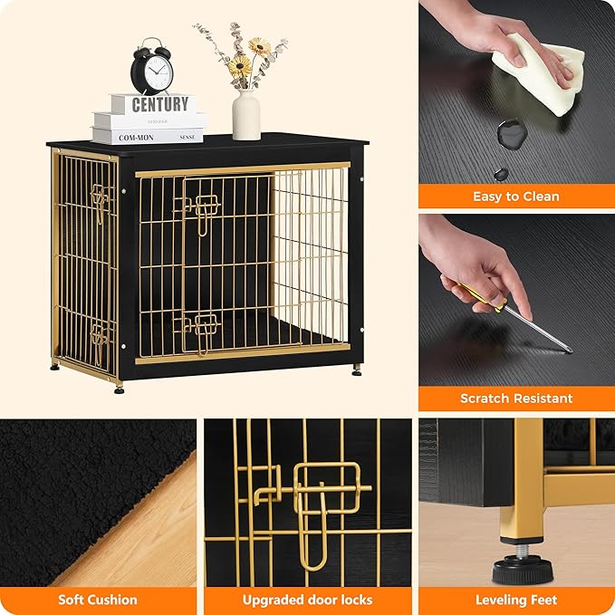 DWANTON Dog Crate Furniture with Cushion, Wooden Kennel Table with Double Doors, Indoor Dog House, Medium Size, 32.5" L, Black+Gold