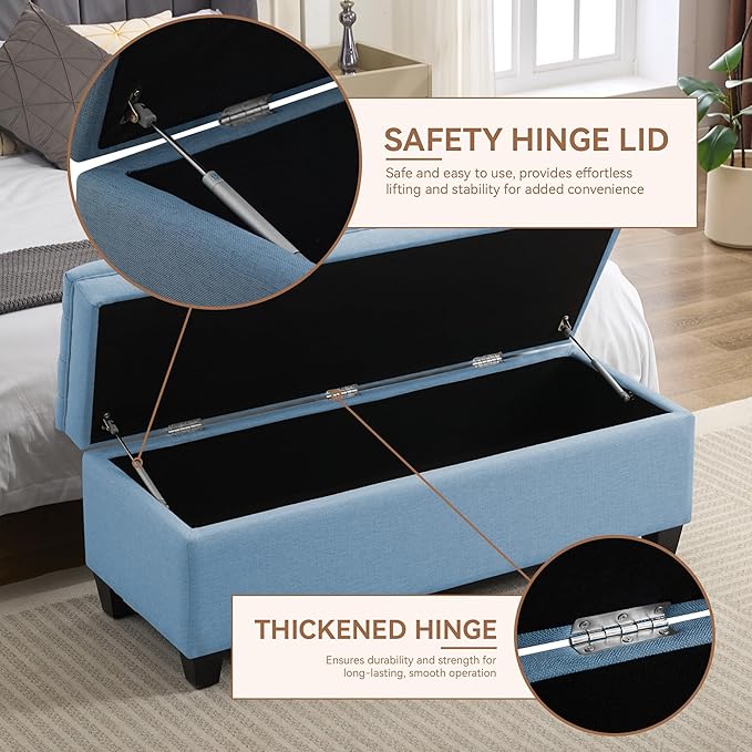 51" Fabric Storage Ottoman Bench, Upholstered Rectangle End of Bed Storage Ottoman Tufted Living Room Bedroom Bench with Safety Hinge, Solid Wood Legs, Loads 500 lb(Light Blue)
