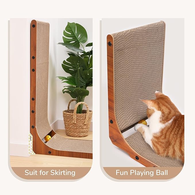 FUKUMARU Cat Scratcher, 26.8 Inch Cat Scratch Pad for Indoor Cats, L Shaped Cardboard Vertical Cats Scratching Board with Ball Toy, Walnut Color, 1 Pack