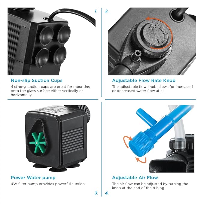 Internal Fish Tank Filter, 4W Adjustable Water Flow Submersible Aquarium Filter Pump for 10~20 Gallon Freshwater or 10~15 Gallon Saltwater, 2 Mode Aeration & Rainfall, TE-200(65GPH)