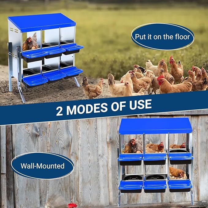 Chicken Nesting Boxes, 6 Hole Metal Chicken Laying Box with with Removable Trays and Roll Out Egg Collection for Chicken Coop, with Metal Bracket, Blue
