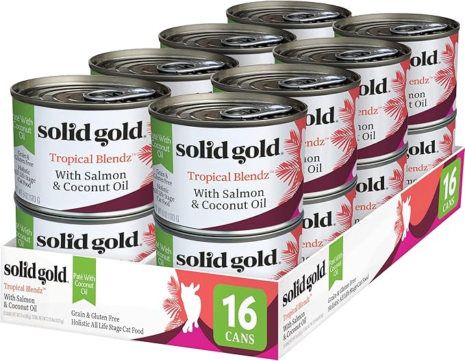 Solid Gold Tropical Blendz Salmon Pate in Coconut Oil - Nutrient-Rich Wet Cat Food for All Life Stages, 16 Pack