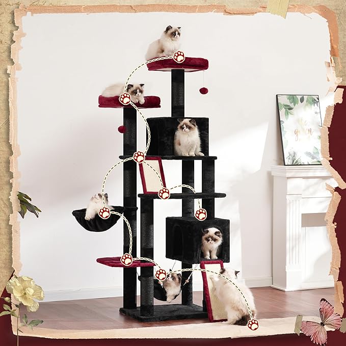 Cat Tree for Indoor Cats, 71'' (180cm) Multi-Level Cat Tower for Large Adult, Gothic Sturdy Cat Tree House with 2 Scratching Boards 7 Posts, 2 Plush Perches/Condos, Hammock, Black GCT032BR