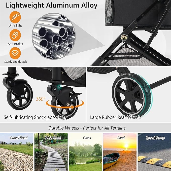 Medium Dog Stroller, Kenyone Pet Stroller for Medium Dogs Up to 55lbs, Lightweight Aluminum Frame, One Click Folding, Large Cat Stroller with No Zip Entry, Detachable Mesh, Multiple Pockets