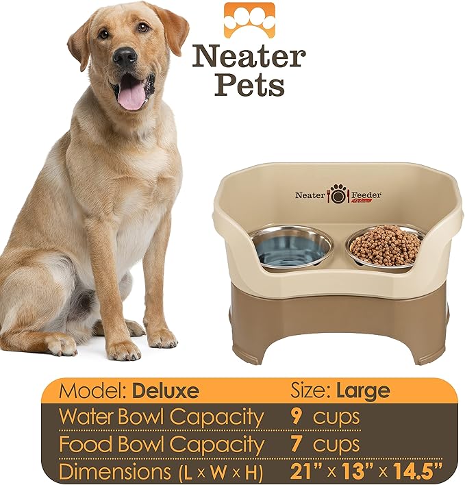 Neater Pet Brands Neater Feeder Deluxe Mess Proof Dog Bowls Elevated for Large Dogs Over 40 lbs, Made in USA, No Spill Raised Dog Food Bowl Stand Feeding Station, Food and Water Bowl Set, Cappuccino