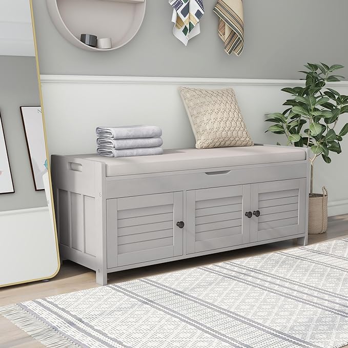 Storage Bench with 3 Shutter-Shaped Doors, Wood Shoe Bench with Removable Cushion and Hidden Storage Space for Entryway, Living Room, Hallway 43.5" L*16" W*18" H (Gray Wash Pine)