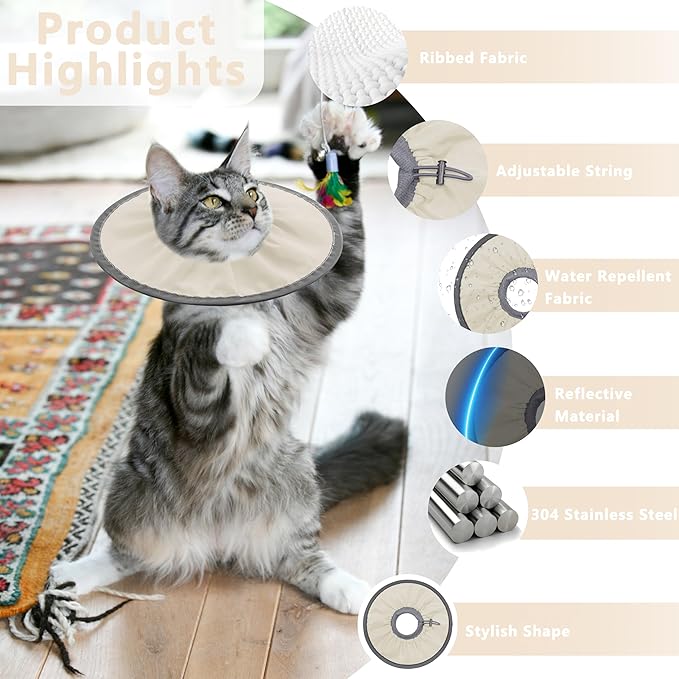 Lightweight Cat Cone Collar Soft, Soft Comfortable Cat Recovery Collar After Surgery, Elizabethan E Collar for Cats, Cone for Cats to Stop Licking (Khaki, Large)