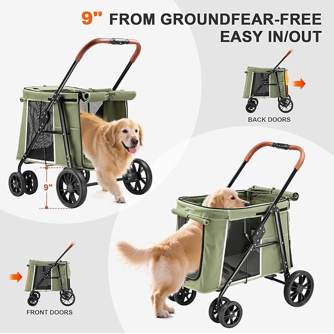 Medium Dog Stroller, Dual Entry One-Touch Folding,Small and Medium Pet Stroller,360° Rotating Front Wheels,70 lbs Weight Capacity for Outdoor Travel and Elderly Dogs - Green