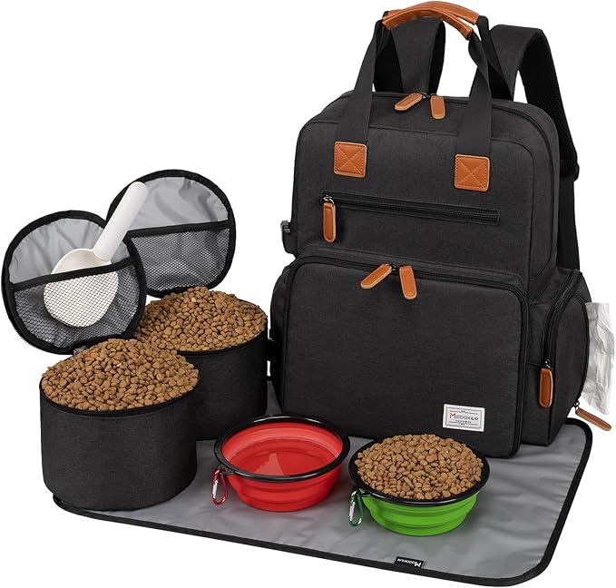 Modoker Dog Travel Bag, Airline Approved Backpack for Pet Accessories Organizer, Tote Weekend Bag with 2 Dog Food Storage Containers, 2 Collapsible Bowls, 1 Pet Mat, Black
