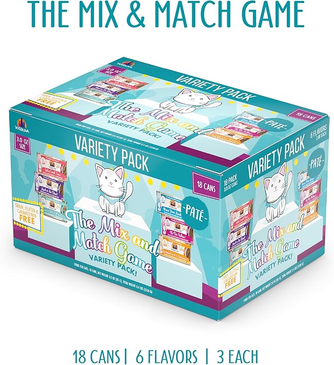 Weruva Wet Cat Food, The Mix and Match Game Pate Variety Pack, 3oz Can, Pack of 18