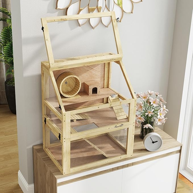 PawHut Wooden Hamster Cage, 3 Tier Small Animal Cage with Detachable 12.6" Deep Bottom, Hut, Seesaw, Exercise Wheel, Ramps, Hamster Habitat for Dwarf, Gerbil, 24" x 16" x 29.5"