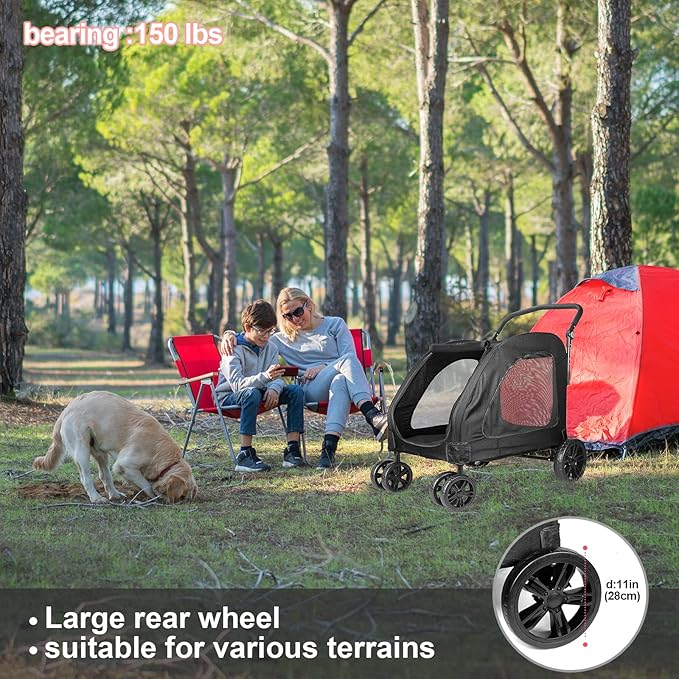 Large Dog Travel Stroller with 4 Heavy Duty Wheels Pet Stroller with Adjustable Handle - Double Doggie Capacity Jogger Wagon with Back Front Door for Small Medium Large Dogs (Black)