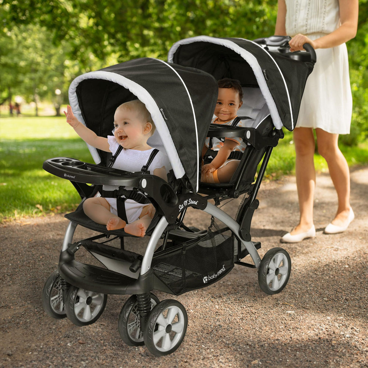 Baby Trend Double Infant and Toddler Stroller w/ Harness and Basket, Sit N' Stand, Stormy - Convertible Twin and Tandem Strollers for Babies