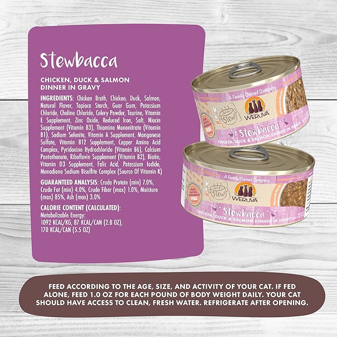 Weruva Classic Cat Stews!, Stewbacca with Chicken, Duck & Salmon in Gravy, 5.5oz Can (Pack of 8)