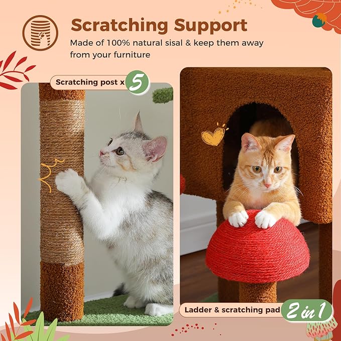 PEQULTI Mushroom Cat Tree Floor to Ceiling Cat Tower Adjustable Height (90.5''-100.4'' = 230cm-252cm) with Cat Condo, Cozy Hammock and Scratching Post, Tall Activity Tree for Indoor Cats, Brown