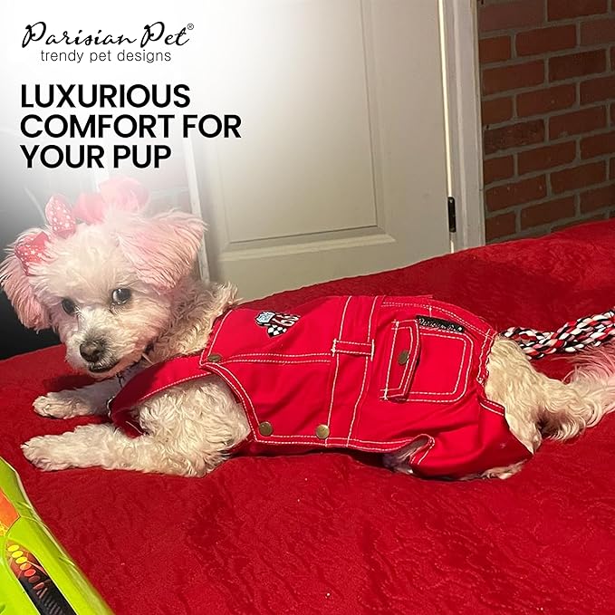 Parisian Pet Denim Dog Overalls - Embroidered 'Route 66' Red Jumpsuit - Breathable, Machine-Washable Medium Dog Costume