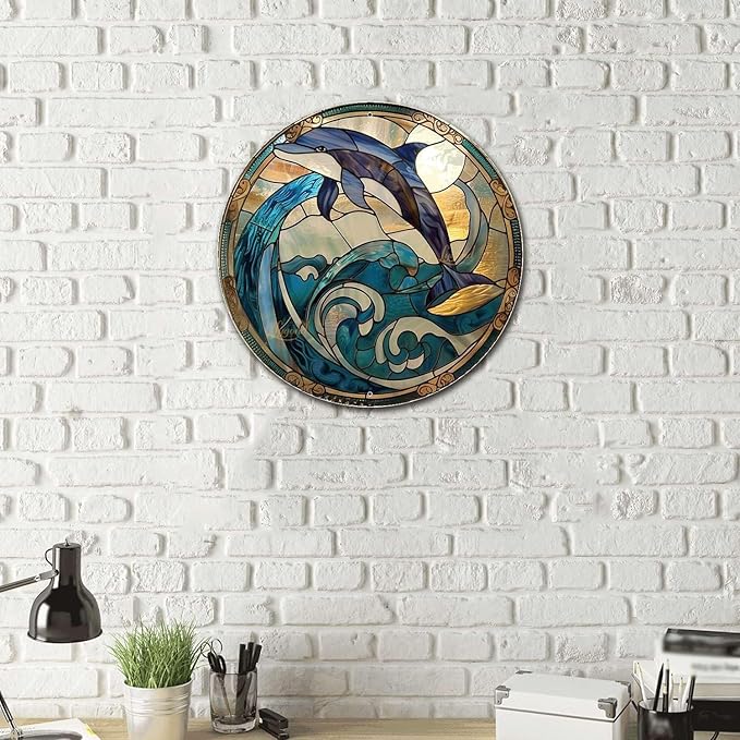 Lygond Metal Tin Stained Glass Dolphin Sign - 1212 Inches for Garden or Gift