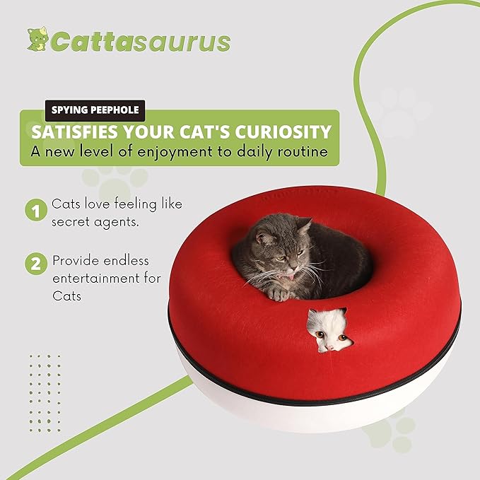 CATTASAURUS Peekaboo Cat Cave for Multiple & Large Cats Up to 30-45 Lbs, Scratch Detachable & Washable Tunnel Bed, Comfy Donut Cat Cave (Ruby Snowball, Large)