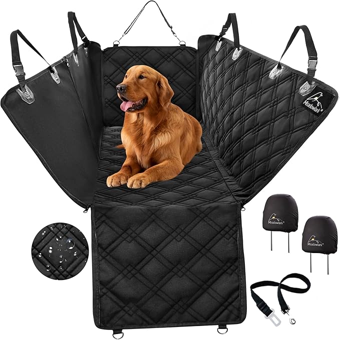 Meadowlark XL Dog Seat Covers Unique Design & Full Car Protection-Doors,Headrests & Backseat. Extra Durable Zippered Side Flap, Waterproof Hammock Pet Seat Cover + Seat Belt & 2 Headrest Protectors