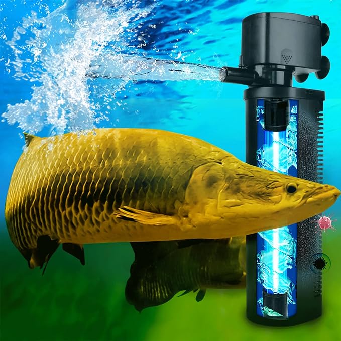 600GPH UV Aquarium Filter for 75-300 Gal Tank, Large Fish Turtle Tank Green Water Clean Machine Submersible Canister Filter Powerful Pump Pond Filter for Saltwater Freshwater Crystal Green Killing
