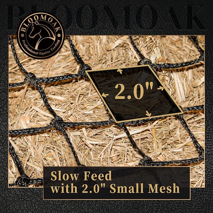 Bloomoak Slow Hay Net Feeder for Horses, Durable Soft Black PE 2String Hay Bales Bags with 2" Hole, Fit 36 * 18 * 18" Square Bale Easily…