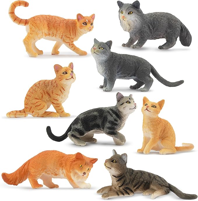 Toymany 8PCS Grey & Orange Cat Figurines Set, Realistic Cat Figures Kitten Toys, Cat Cake Toppers Easter Eggs Birthday Gift for Kids Children