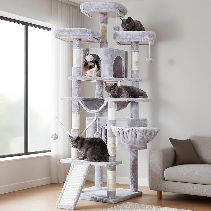 Hey-brother Cat Tree, 71 inches XL Large Cat Tower for Indoor Cats, Multi-Level Cat House with 3 Padded Perches, Big Scratcher, Cozy Basket, 2 Cat Condos and Scratching Posts, Light Gray MPJ034W
