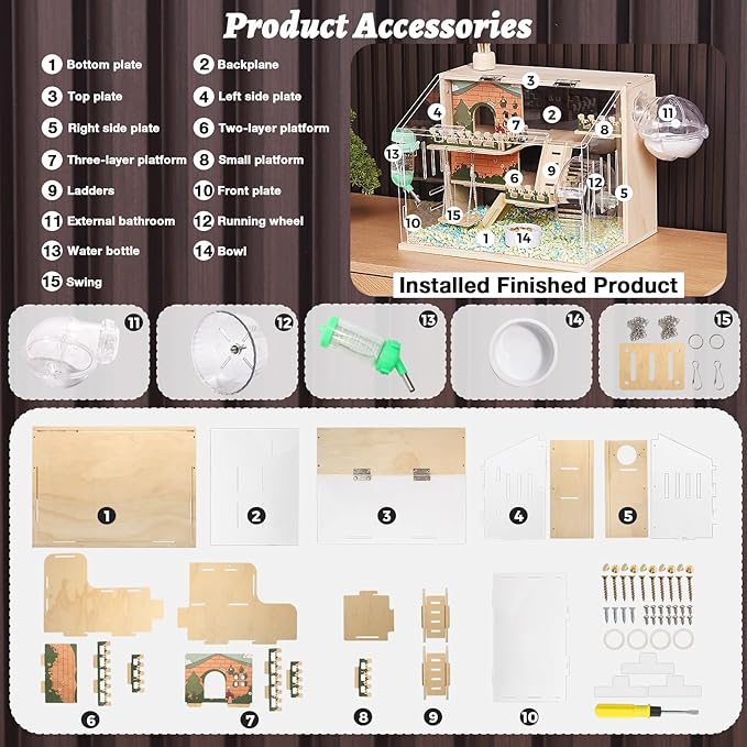 11 in 1 Wooden Hamster Cage with All Accessories, 15.8 Inch 3-Layer Dwarf Hamster Cage Acrylic,Small Animal Cages, Pastoral Style Mouse Cage for Pet Mice, Hedgehog, with Stairs, Fences and Swing